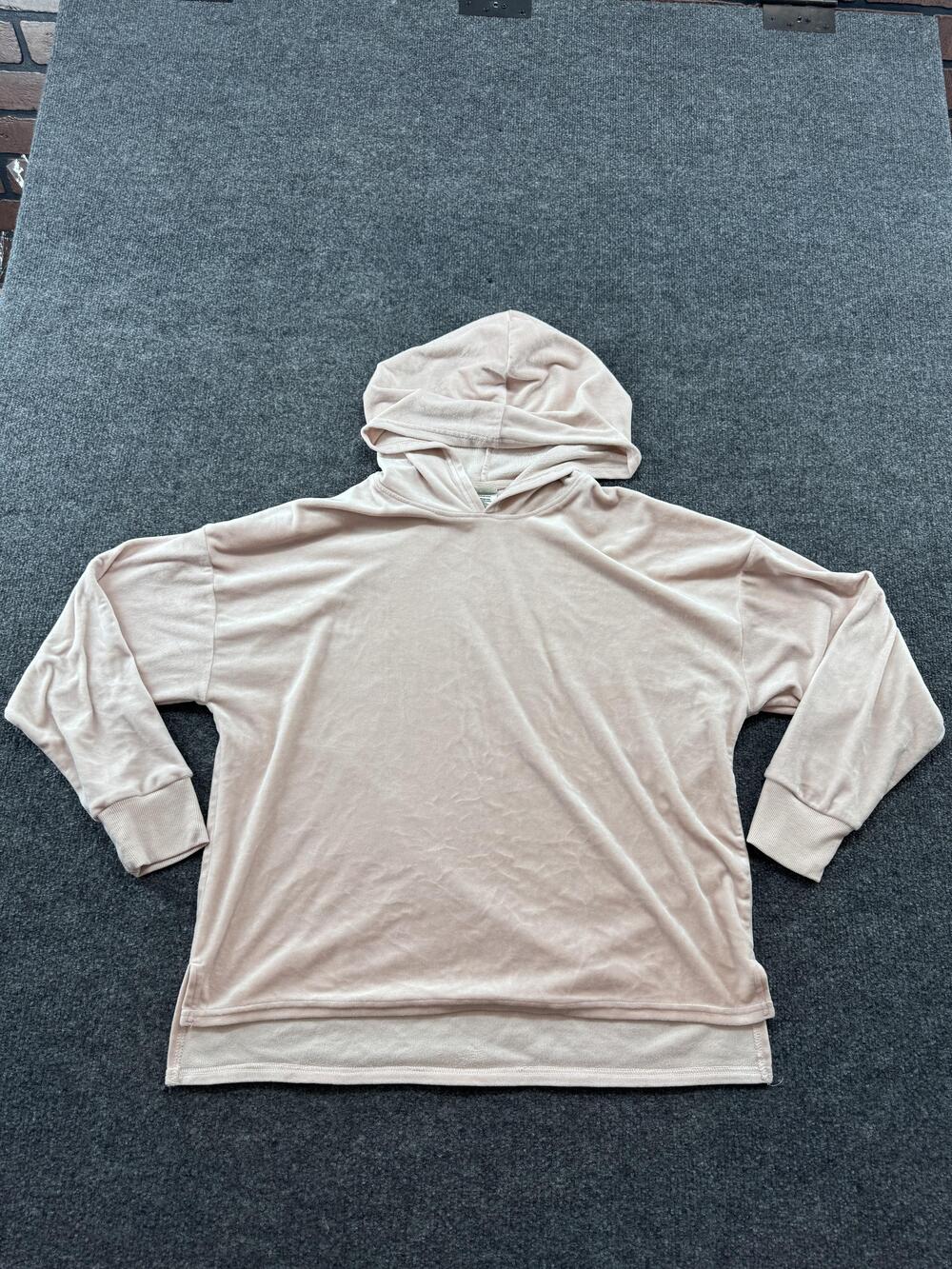 Black Bow Hoodie Womens Large Pink Velour Pullover Long Sleeve Relaxed Fit